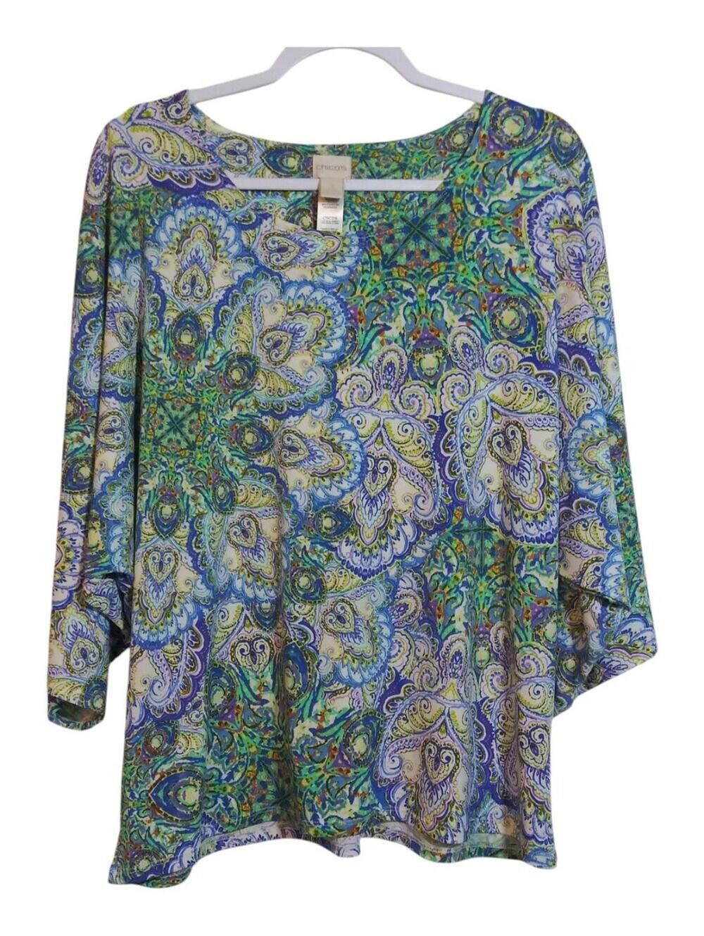 Chico's Blue Green Paisley Dolman Sleeve Stretchy Top Travel Size XL